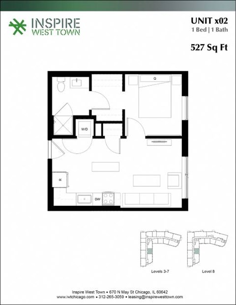 Floor plan for 1 bed, 1 bath, 527 sqft